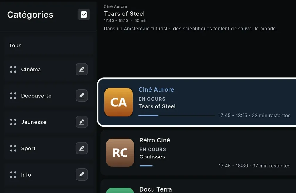 Live TV channel categories that can be reordered by drag and drop