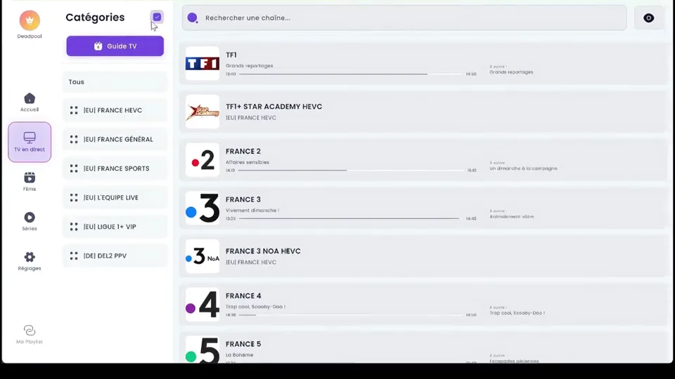 Interface de réorganisation et masquage des catégories de chaînes