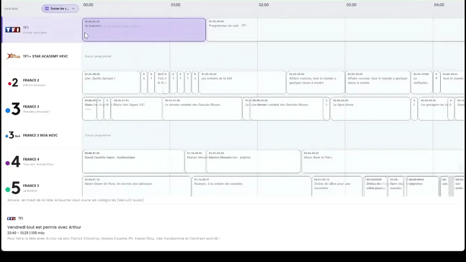 Guide électronique des programmes EPG avec grille horaire en direct